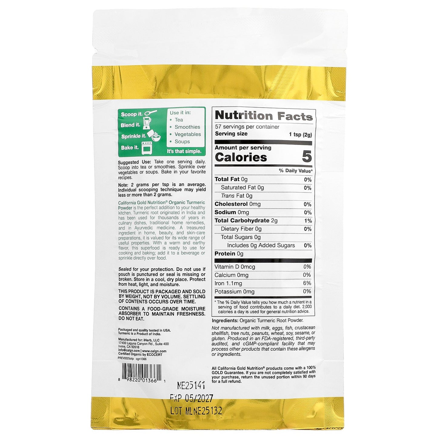 California Gold Nutrition, Superfoods, Organic Turmeric Powder, 4 oz (114 g)