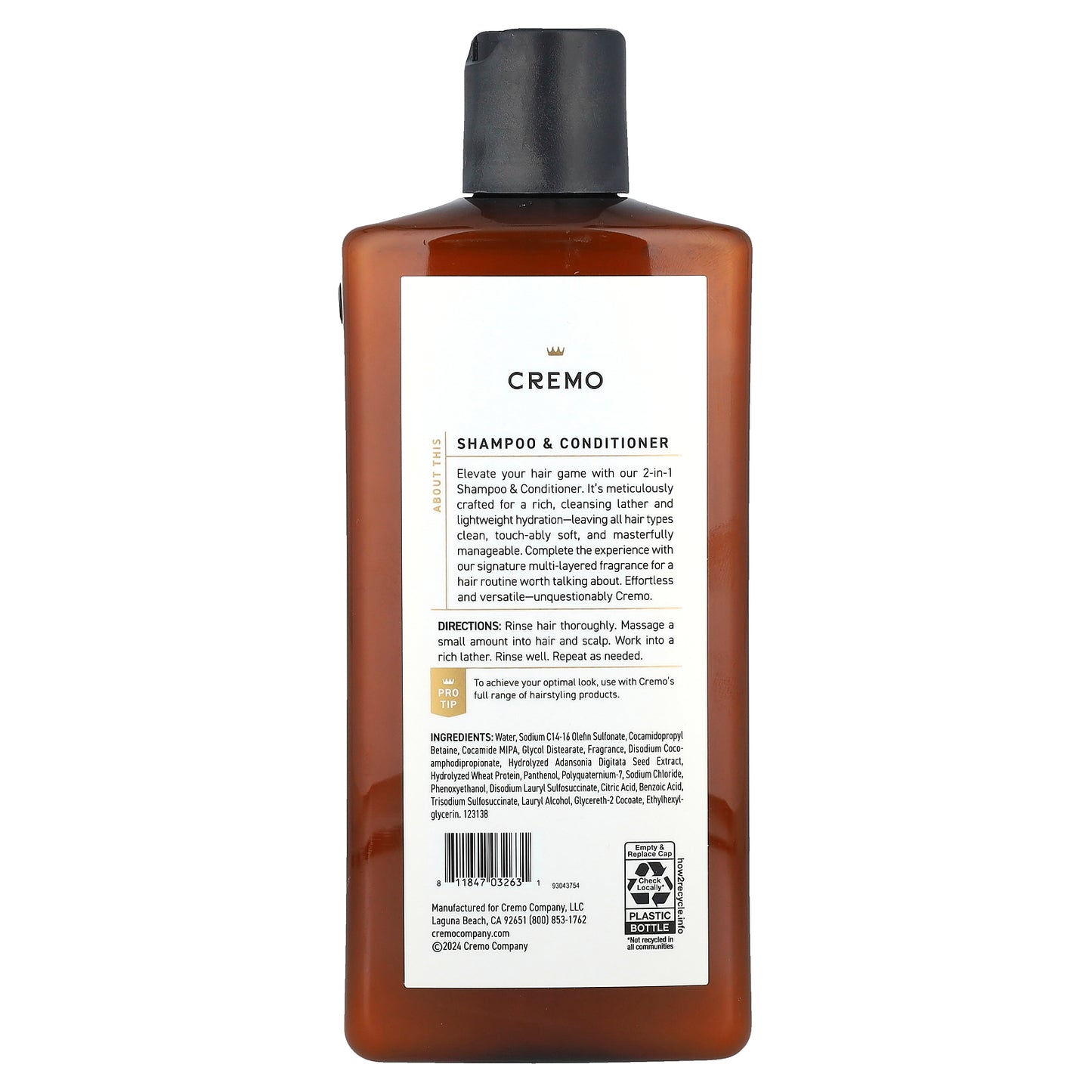 Cremo, 2 In 1 Shampoo & Conditioner, Bourbon & Oak, 16 fl oz (473 ml)