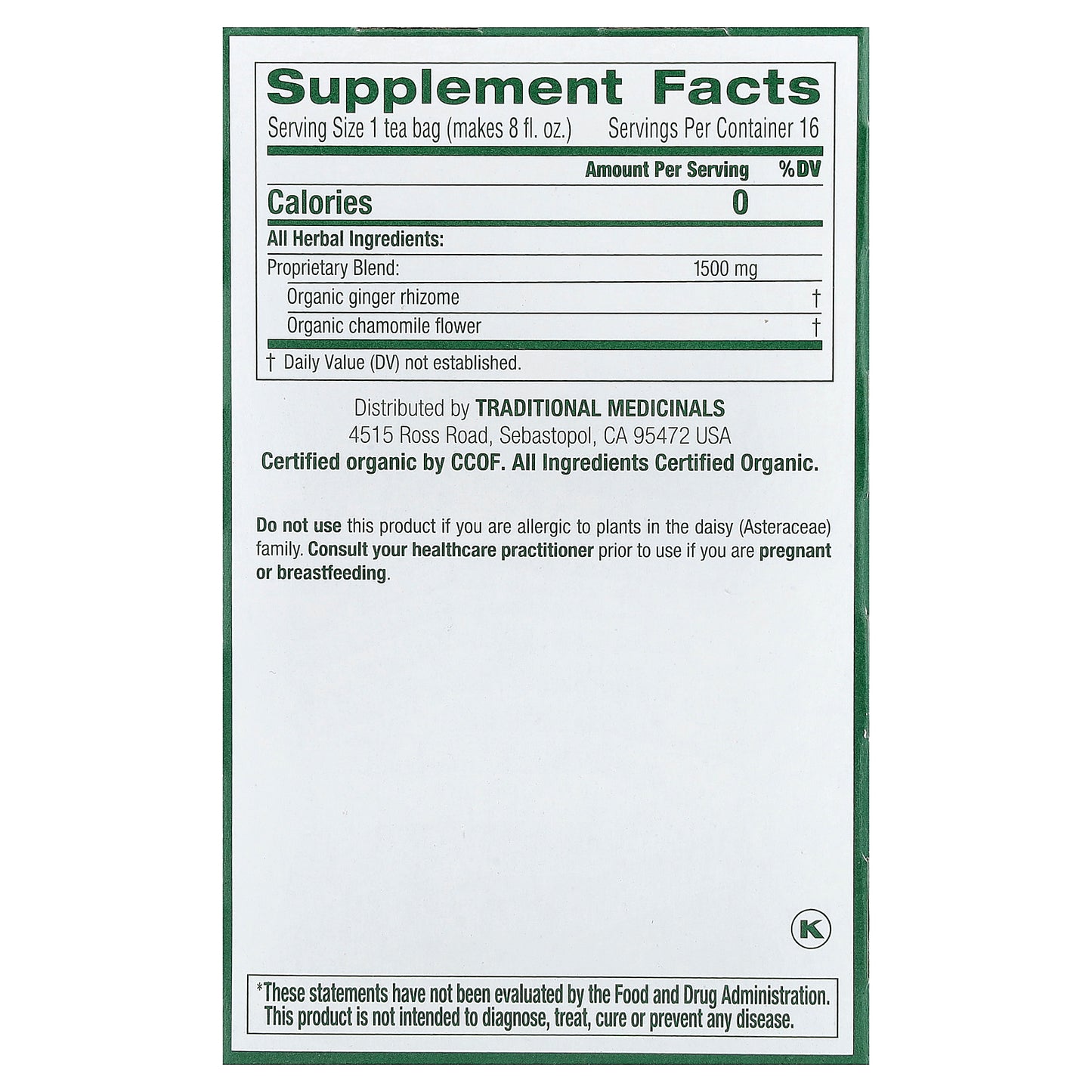 Traditional Medicinals, Organic Ginger & Chamomile, Caffeine Free, 16 Wrapped Tea Bags, 0.85 oz (24 g)