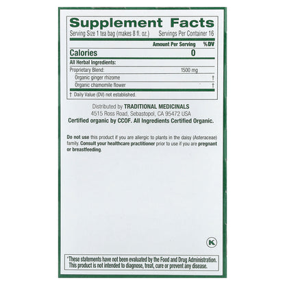 Traditional Medicinals, Organic Ginger & Chamomile, Caffeine Free, 16 Wrapped Tea Bags, 0.85 oz (24 g)