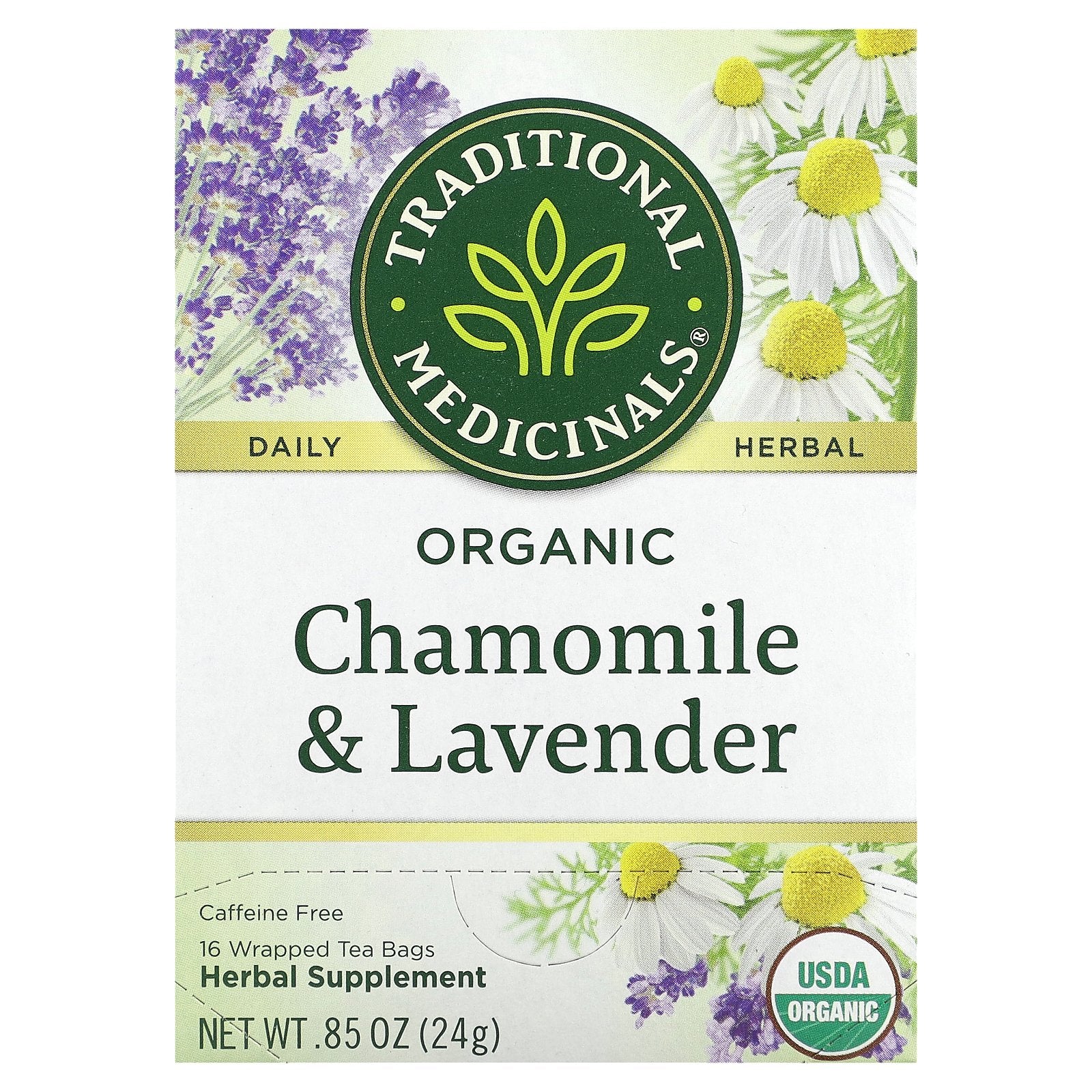 Traditional Medicinals, Organic Chamomile & Lavender, Caffeine Free, 16 Wrapped Tea Bags, 0.85 oz (24 g)