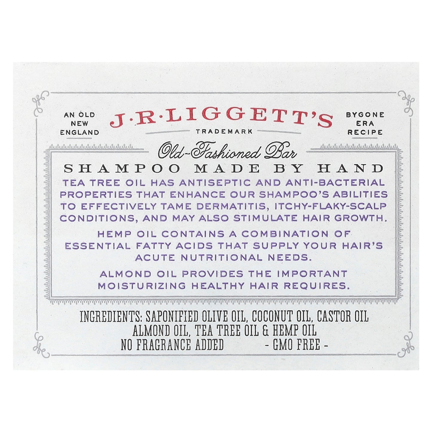 J.R. Liggett's, Old Fashioned Shampoo Bar, Tea Tree & Hemp Oil, 3.5 oz (99 g)