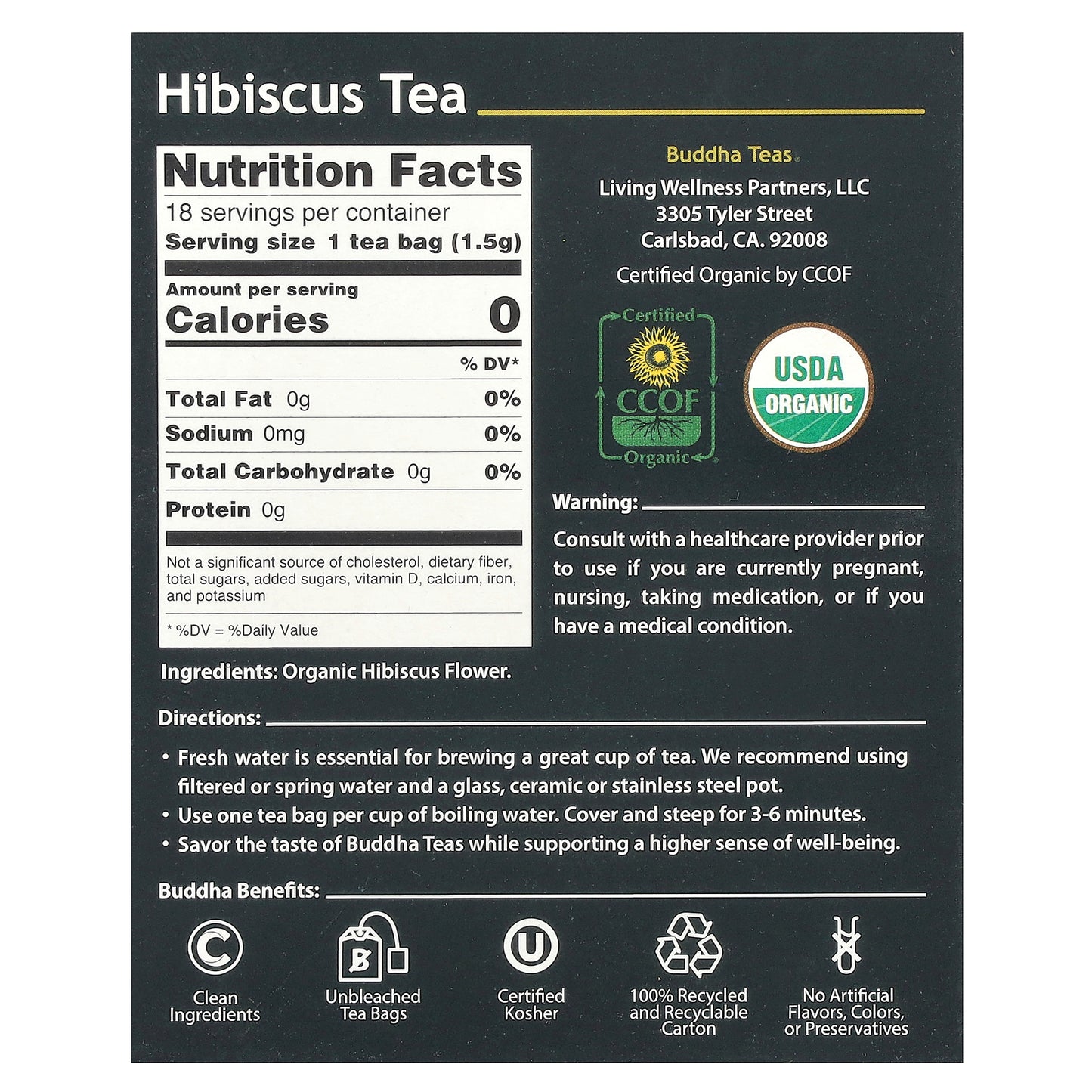 Buddha Teas, Organic Herbal Tea, Hibiscus, Caffeine Free, 18 Tea Bags, 0.96 oz (27 g)