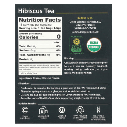 Buddha Teas, Organic Herbal Tea, Hibiscus, Caffeine Free, 18 Tea Bags, 0.96 oz (27 g)
