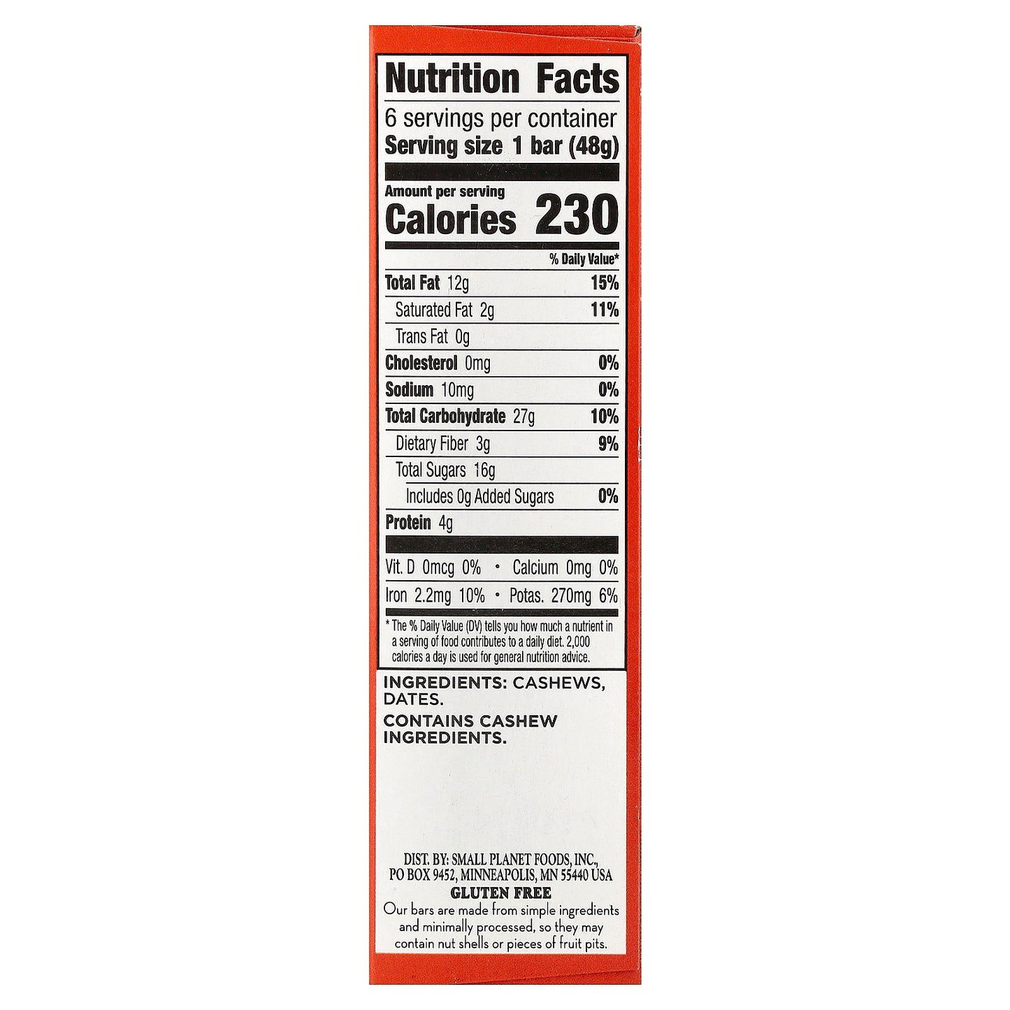 Larabar, Real Fruit & Nut Bar, Cashew Cookie, 6 Bars, 1.7 oz (48 g) Each