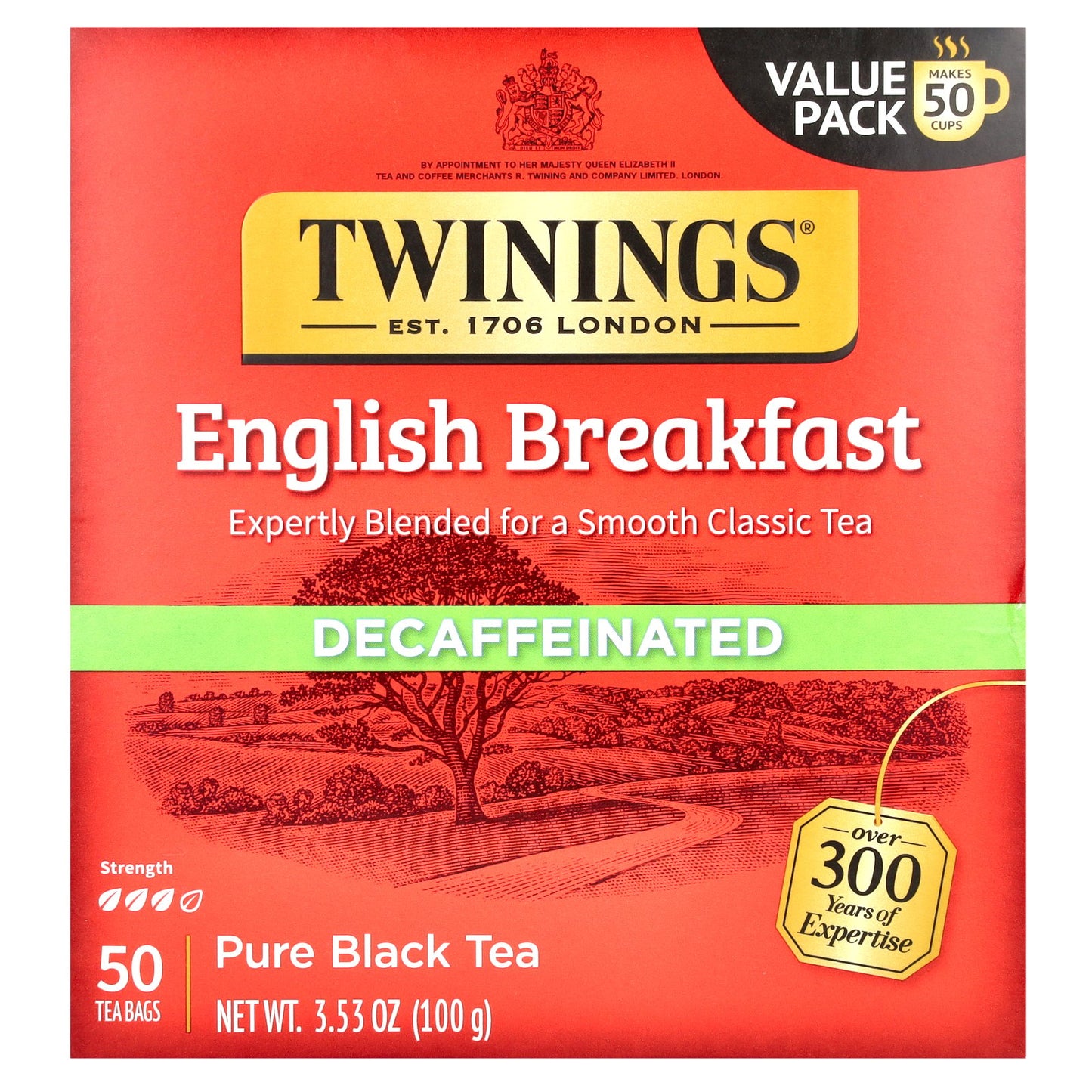 Twinings, Pure Black Tea, English Breakfast, Decaffeinated, 50 Tea Bags, 3.53 oz (100 g)