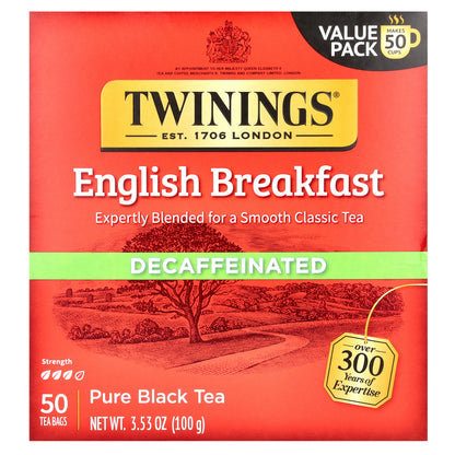 Twinings, Pure Black Tea, English Breakfast, Decaffeinated, 50 Tea Bags, 3.53 oz (100 g)