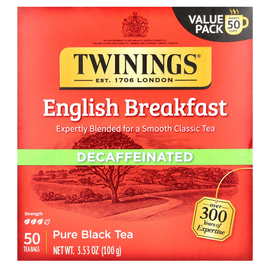 Twinings, Pure Black Tea, English Breakfast, Decaffeinated, 50 Tea Bags, 3.53 oz (100 g)