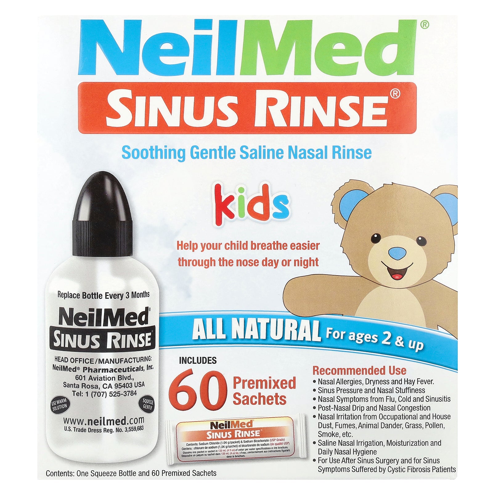NeilMed, Kids, Sinus Rinse®, Ages 2+, 1 Squeeze Bottle, 60 Premixed Packets