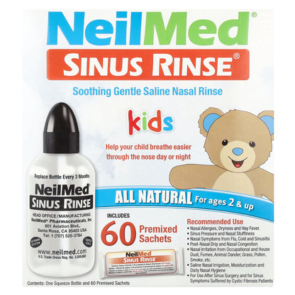 NeilMed, Kids, Sinus Rinse®, Ages 2+, 1 Squeeze Bottle, 60 Premixed Packets
