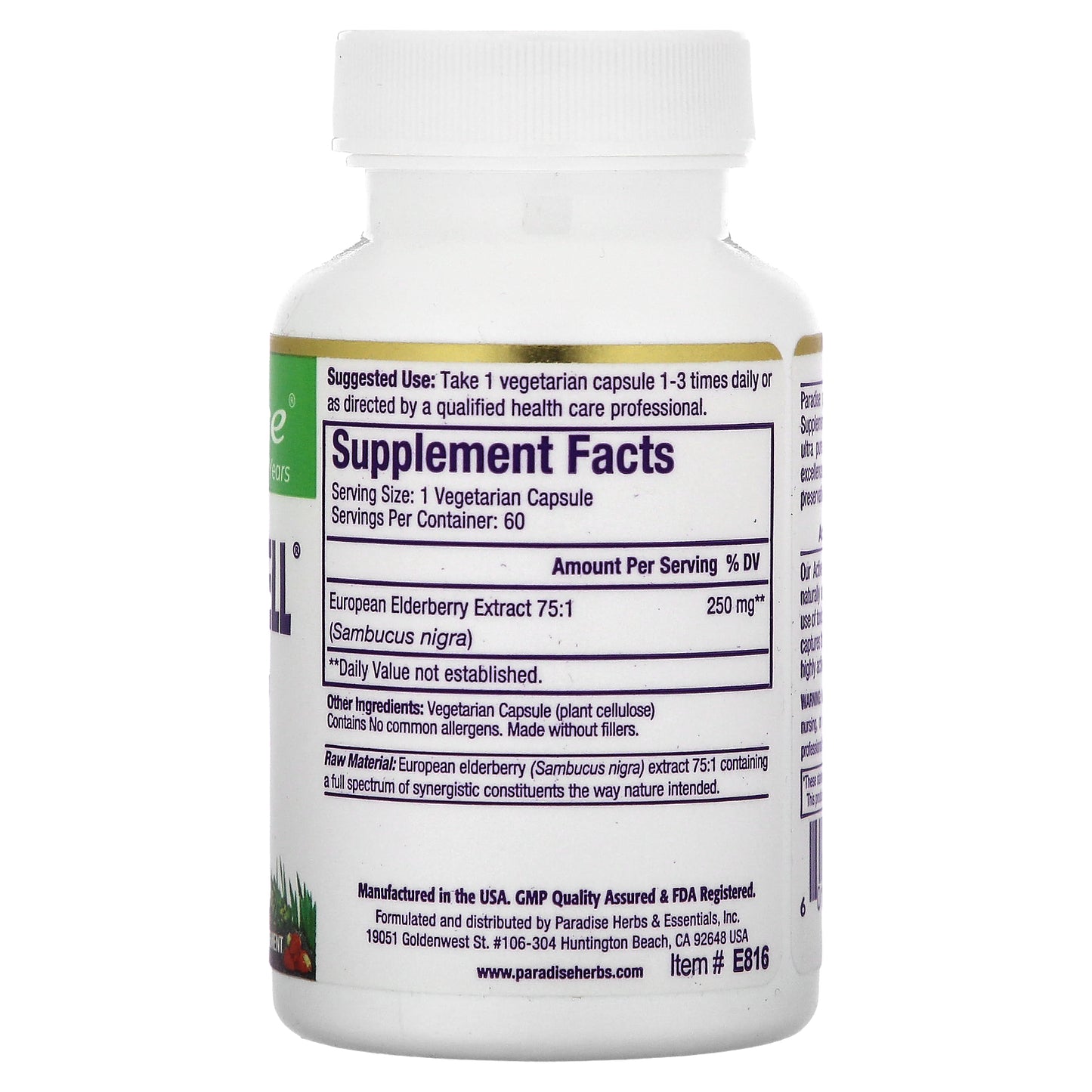 Paradise Herbs, Sambuca-Well, European Elderberry, 250 mg, 60 Vegetarian Capsules