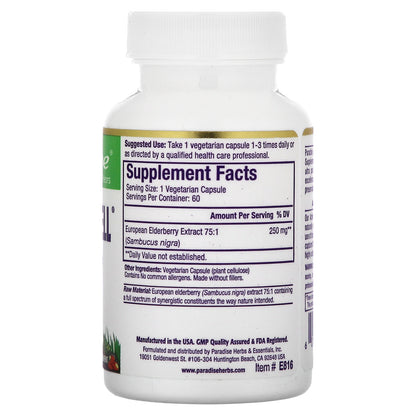 Paradise Herbs, Sambuca-Well, European Elderberry, 250 mg, 60 Vegetarian Capsules