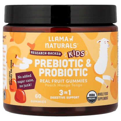 Llama Naturals, Kids Prebiotic & Probiotic, Real Fruit Gummies, Peach Mango Tango, 60 Gummies