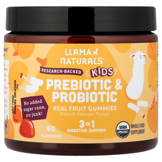 Llama Naturals, Kids Prebiotic & Probiotic, Real Fruit Gummies, Peach Mango Tango, 60 Gummies