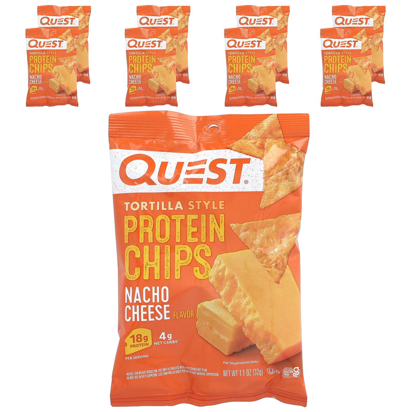 Quest Nutrition, Tortilla Style Protein Chips, Nacho Cheese, 8 Bags, 1.1 oz (32 g ) Each