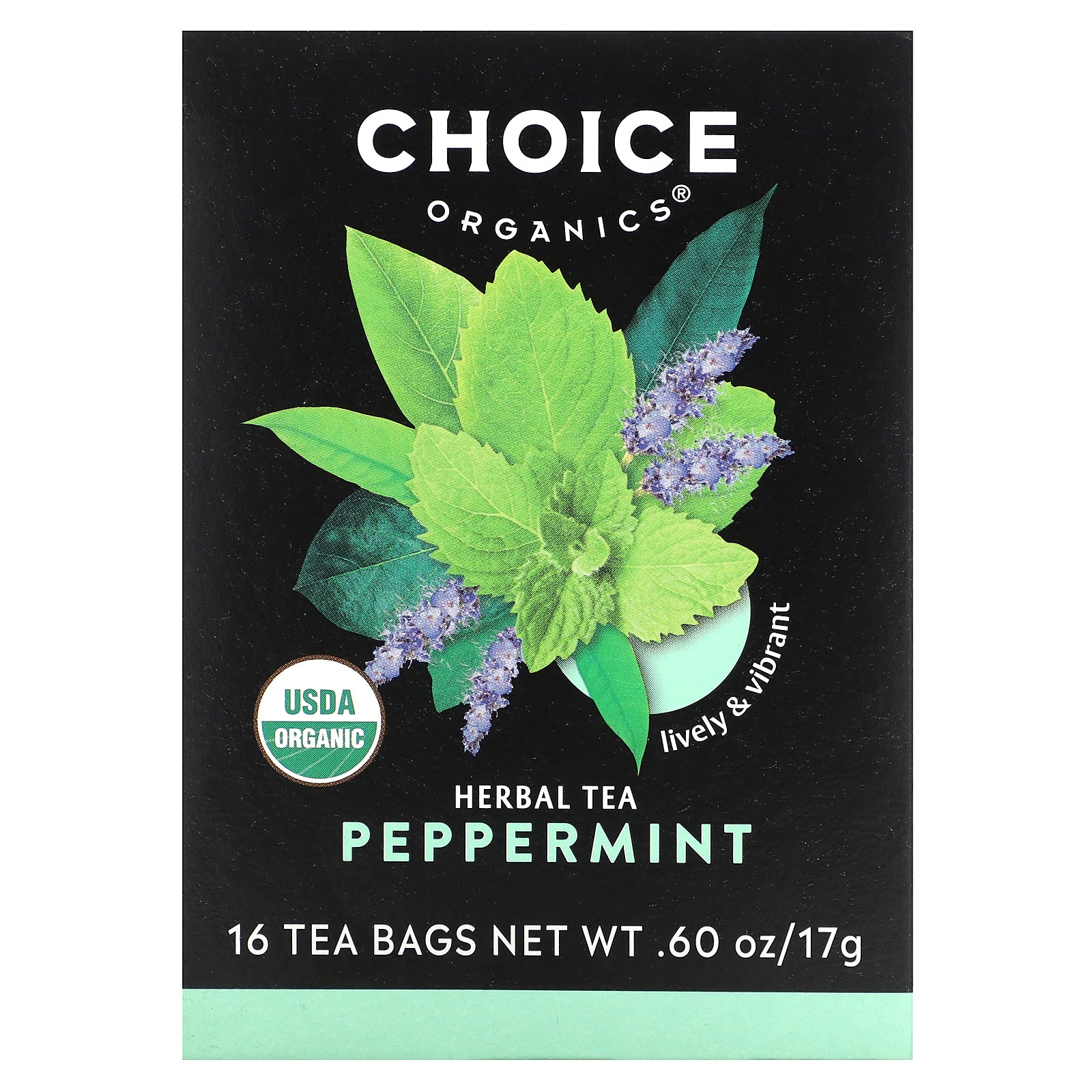 Choice Organics, Herbal Tea, Peppermint, Caffeine Free, 16 Tea Bags, 0.60 oz (17 g)