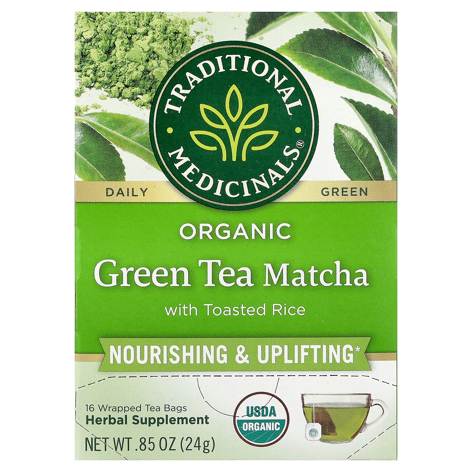 Traditional Medicinals, Organic Green Tea Matcha with Toasted Rice, 16 Wrapped Tea Bags, 0.85 oz (24 g)