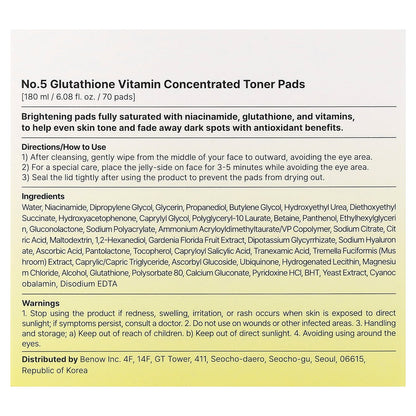 Numbuzin, No.5 Glutathione Vitamin Concentrated Toner Pads, 70 Pads, 6.08 fl oz (180 ml)