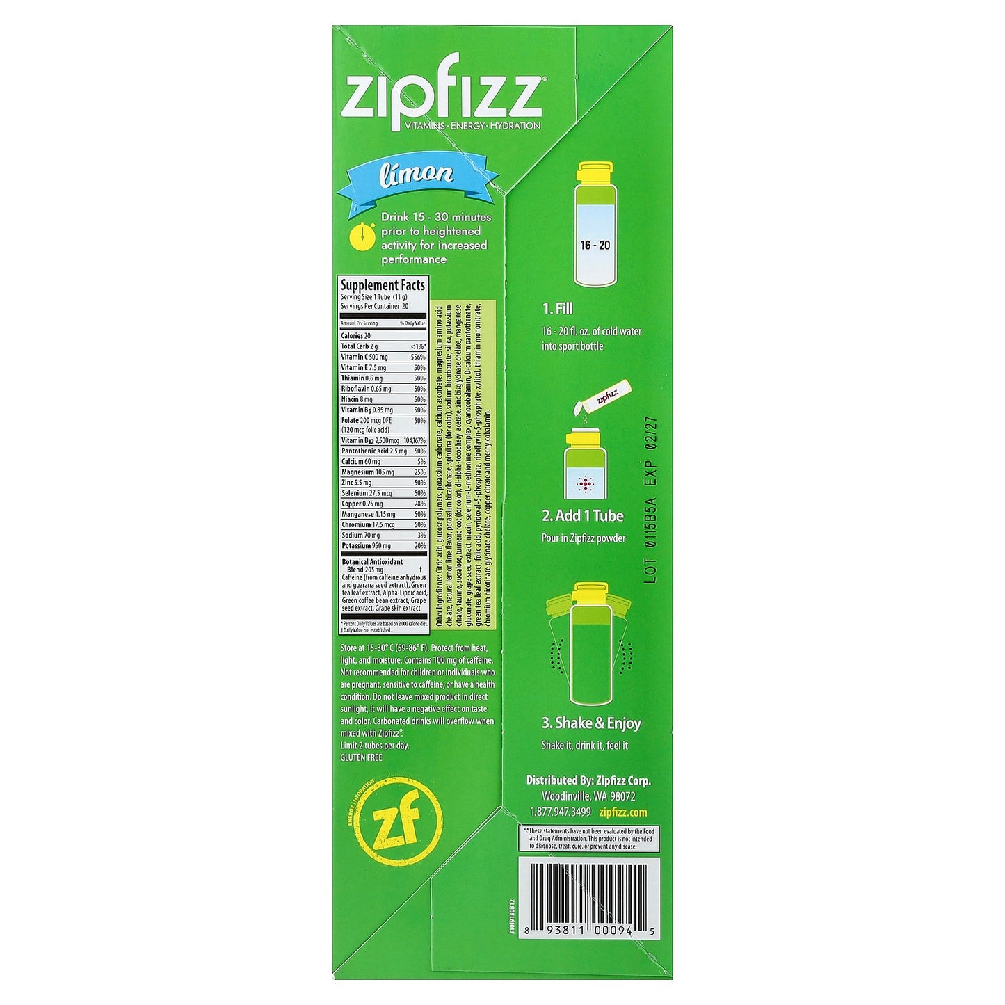 Zipfizz, Vitamin, Energy, Hydration, Loaded With B12, Limon, 20 Tubes, 0.39 oz (11 g) Each