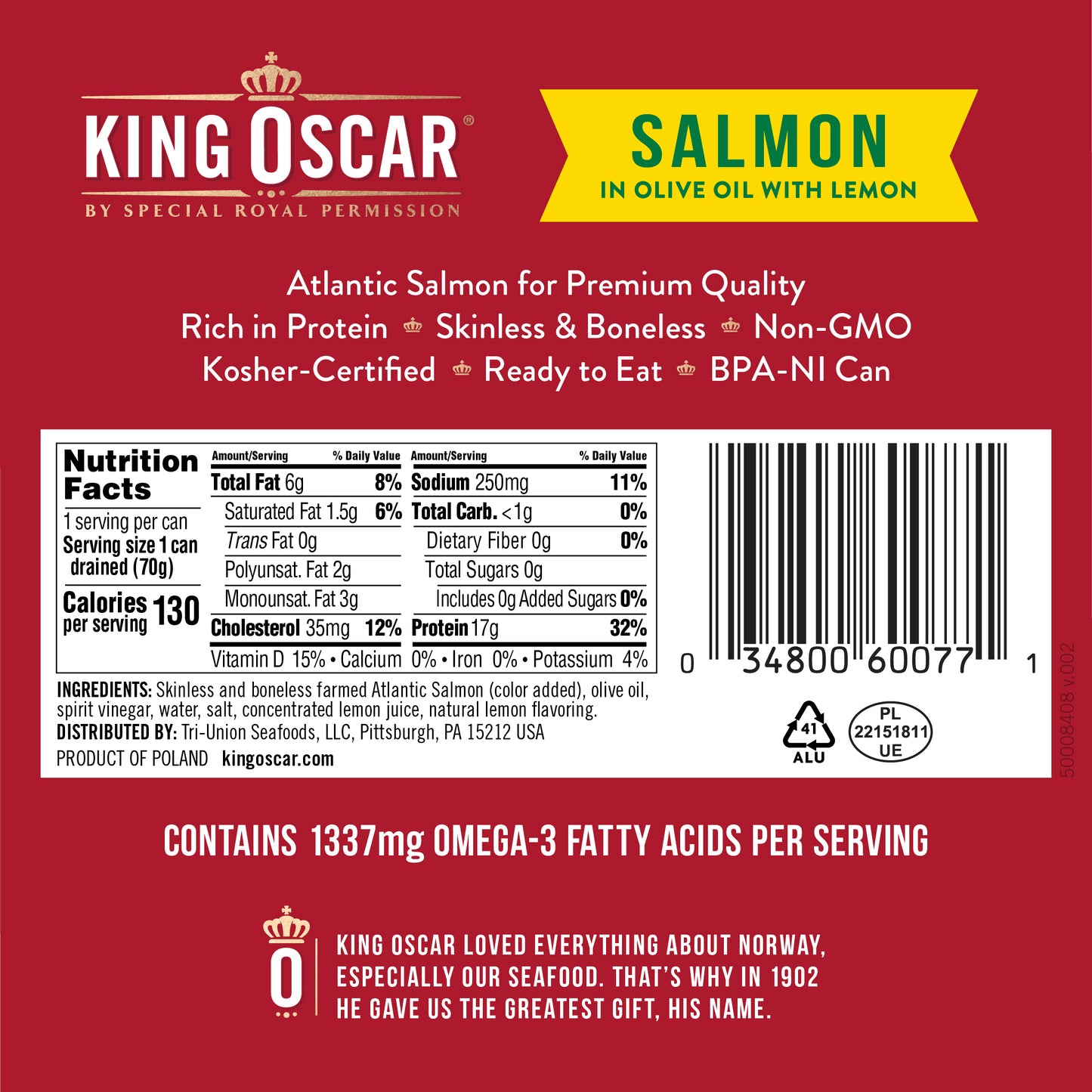 King Oscar, Skinless & Boneless Salmon in Olive Oil with Lemon, 4.05 oz (115 g)