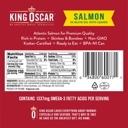 King Oscar, Skinless & Boneless Salmon in Olive Oil with Lemon, 4.05 oz (115 g)
