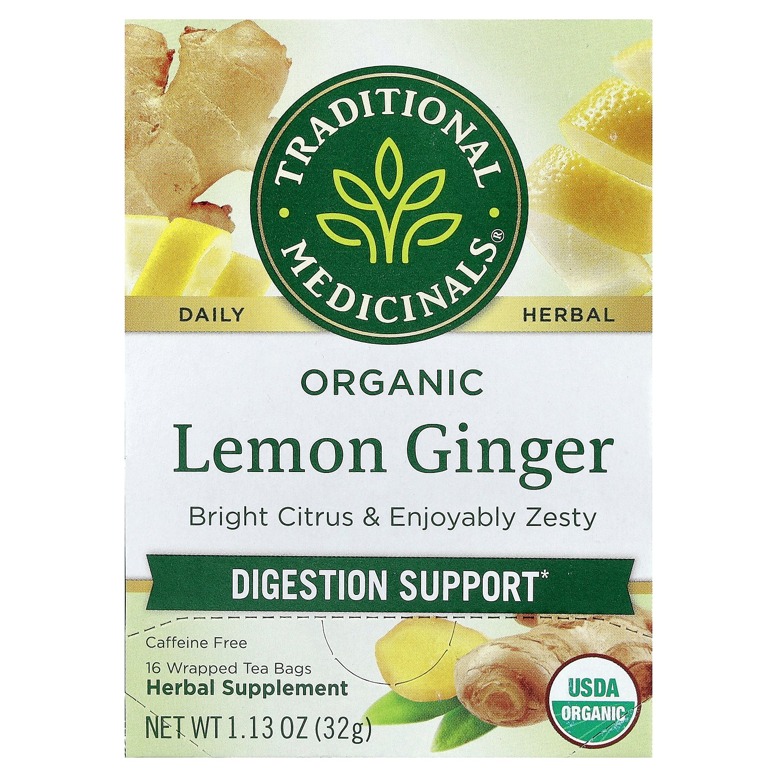 Traditional Medicinals, Organic Lemon Ginger, Caffeine Free, 16 Wrapped Tea Bags, 1.13 oz (32 g)
