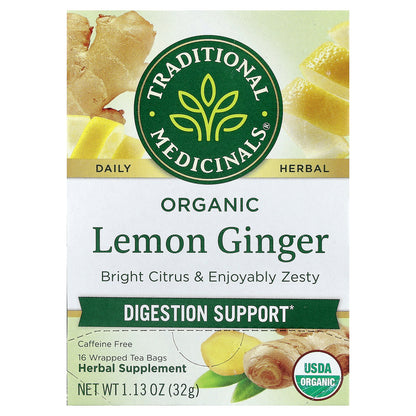Traditional Medicinals, Organic Lemon Ginger, Caffeine Free, 16 Wrapped Tea Bags, 1.13 oz (32 g)
