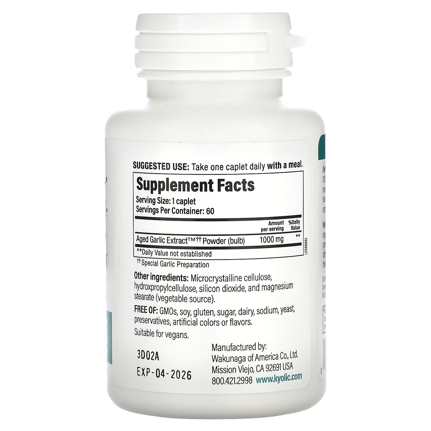 Kyolic, Aged Garlic Extract, Cardiovascular Health, One Per Day, Formula 250, 60 Vegan Caplets (1,000 mg per Capsule)