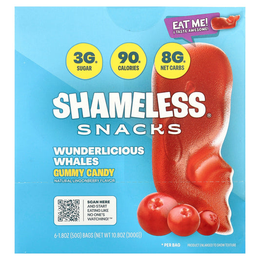 Shameless Snacks, Gummy Candy, Wunderlicious Whales, 6 Bags, 1.8 oz (50 g) Each