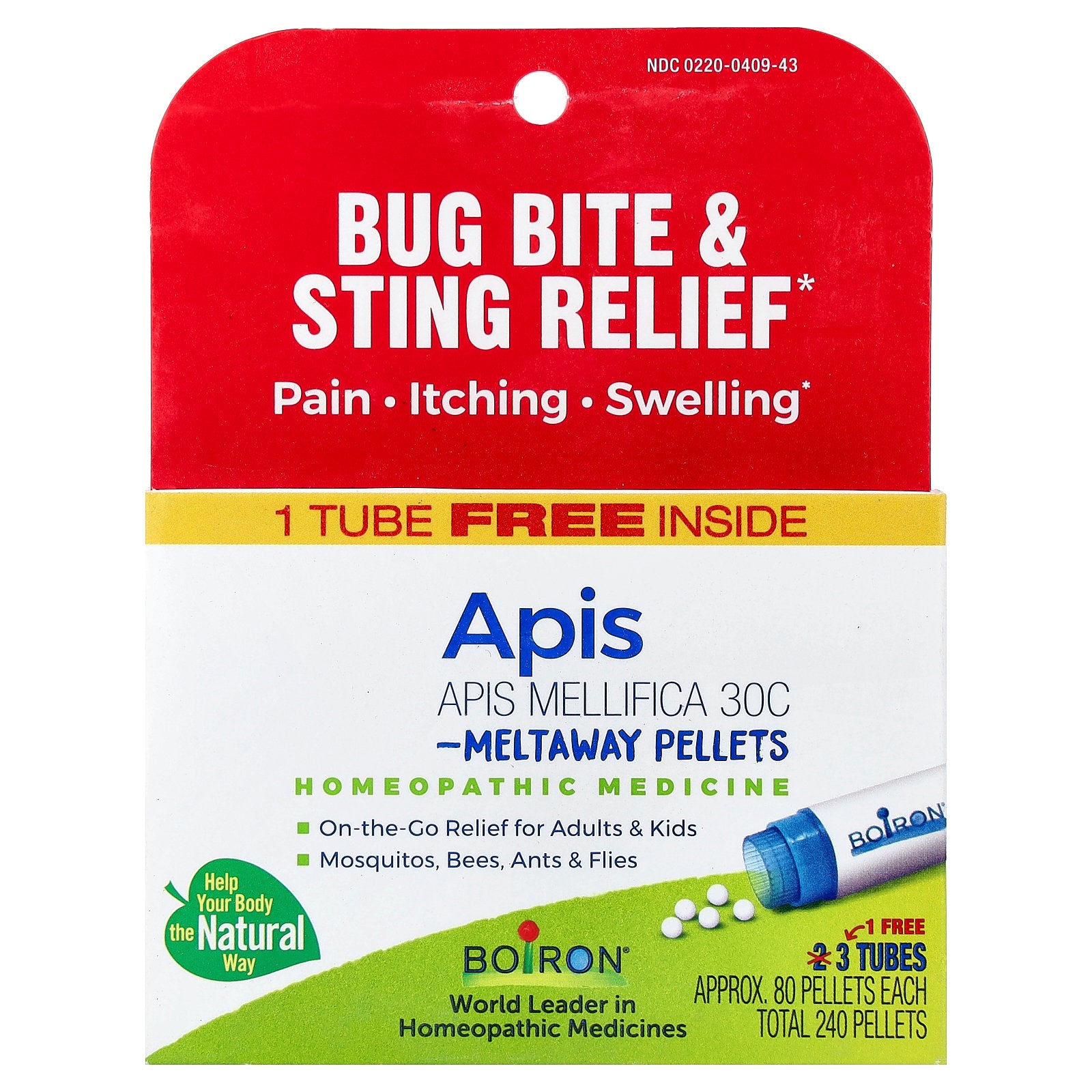 Boiron, Apis Meltaway Pellets, 3 Tubes, 80 Pellets Each