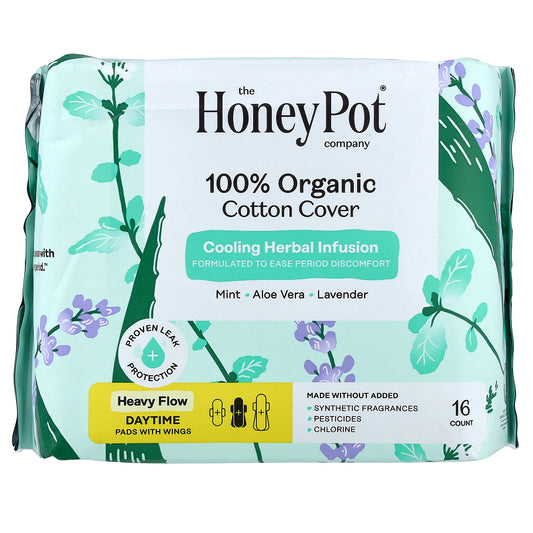 The Honey Pot Company, 100% Organic Cotton Cover Heavy Flow, Daytime Pads, 16 Count