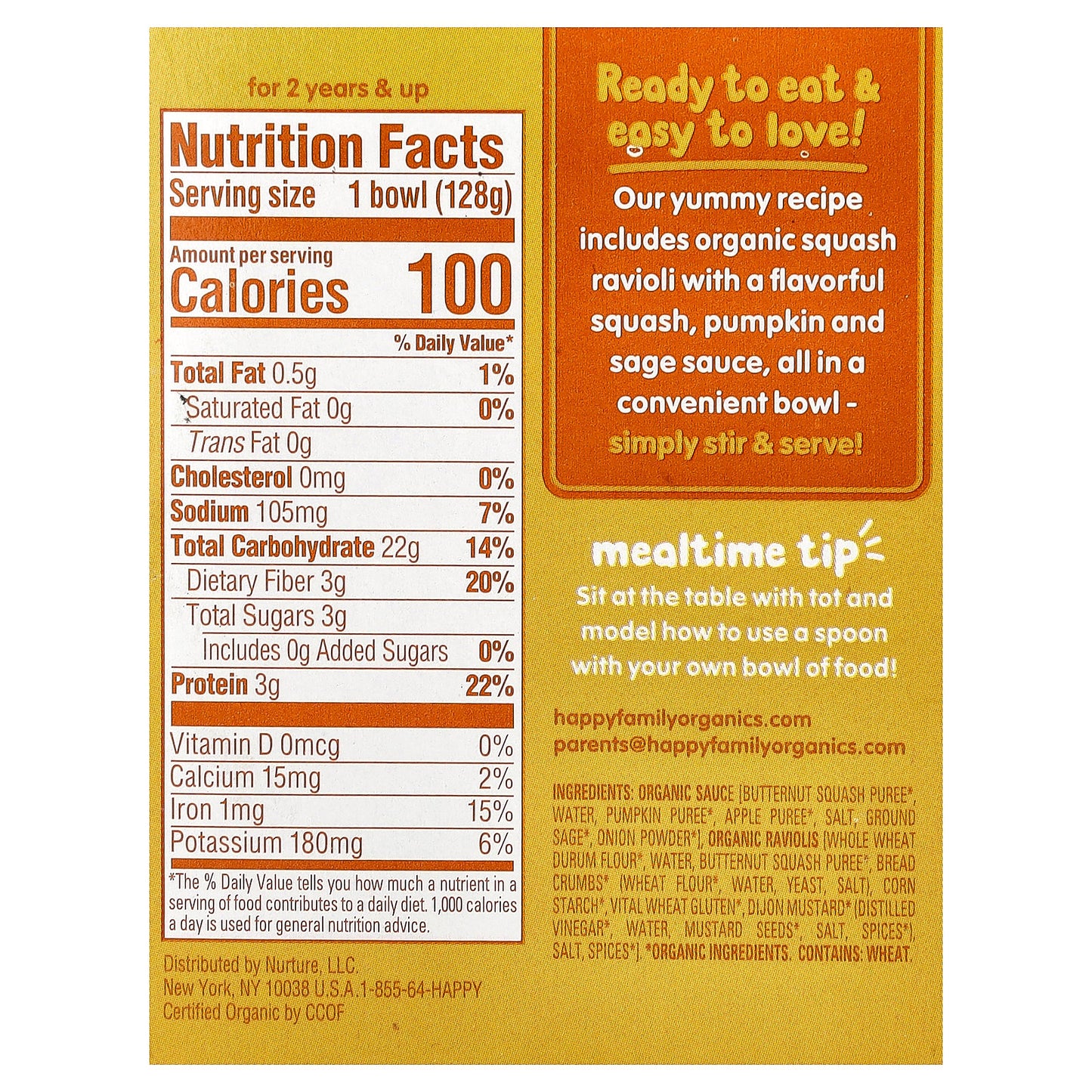 Happy Family Organics, Happy Tot®, Organic Squash Ravioli, For 2 Years & Up, 4.5 oz (128 g)