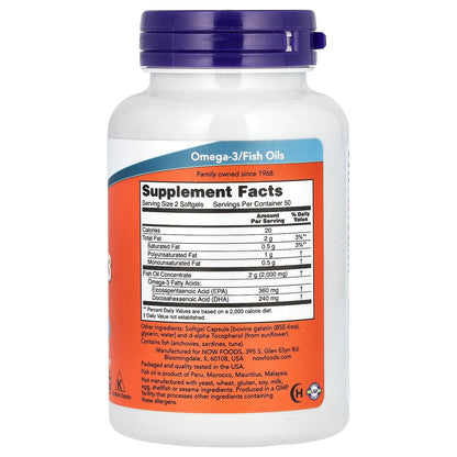 NOW Foods, Omega-3 Fish Oil, 1,000 mg, 180 EPA -  120 DHA, 100 Softgels