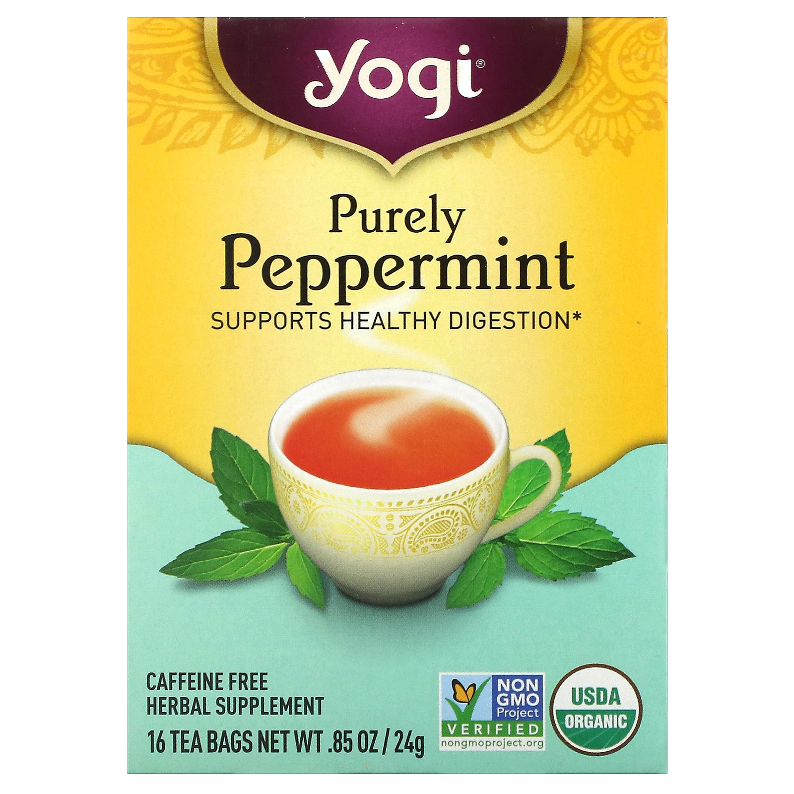 Yogi Tea, Purely Peppermint, Caffeine Free, 16 Tea Bags, 0.85 oz (24 g)