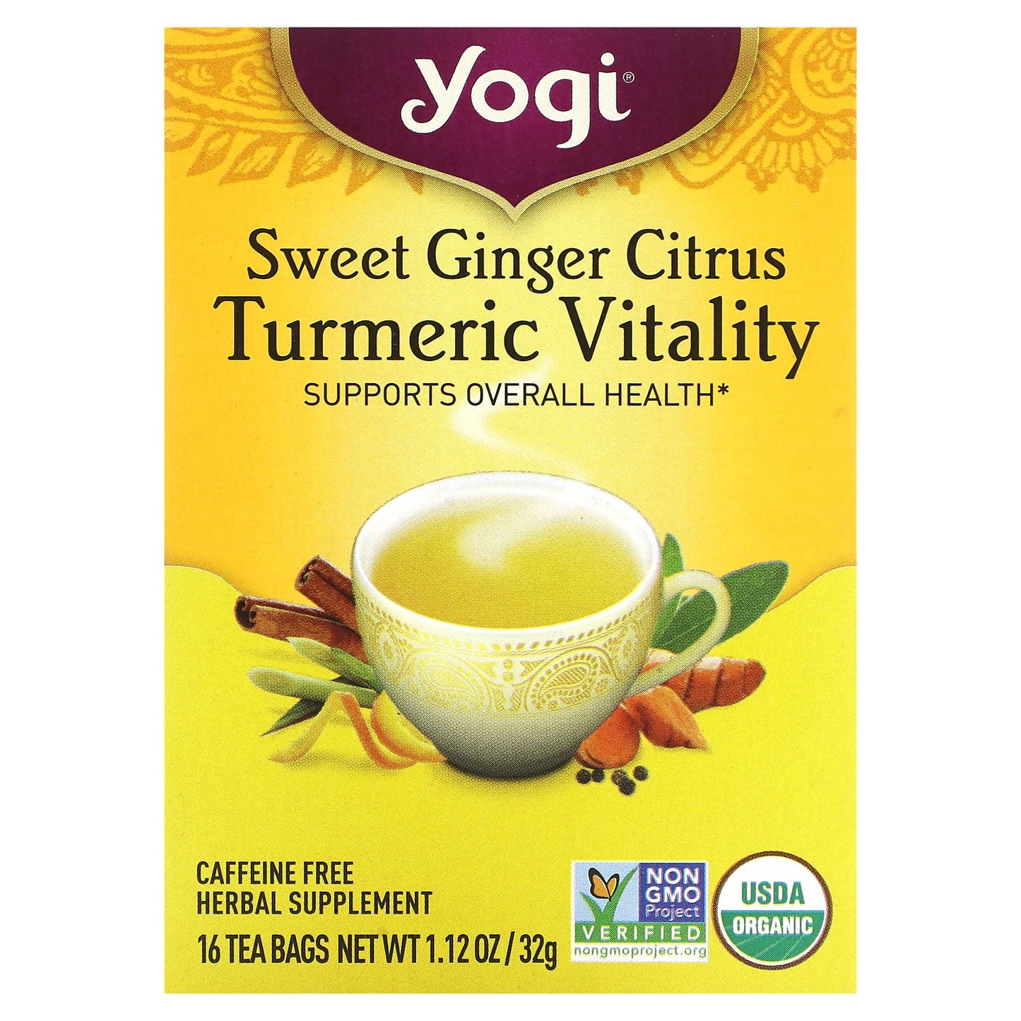Yogi Tea, Turmeric Vitality, Sweet Ginger Citrus, Caffeine Free, 16 Tea Bags, 1.12 oz (32 g)