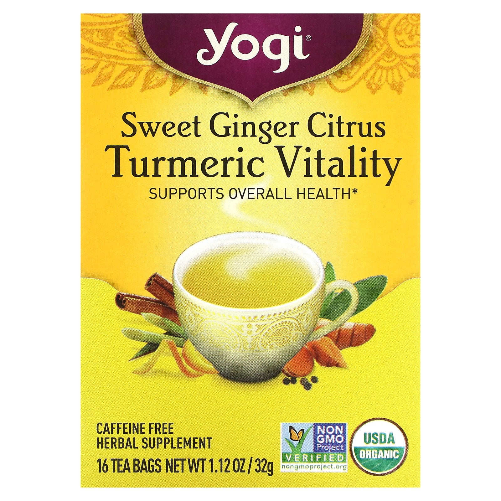 Yogi Tea, Turmeric Vitality, Sweet Ginger Citrus, Caffeine Free, 16 Tea Bags, 1.12 oz (32 g)