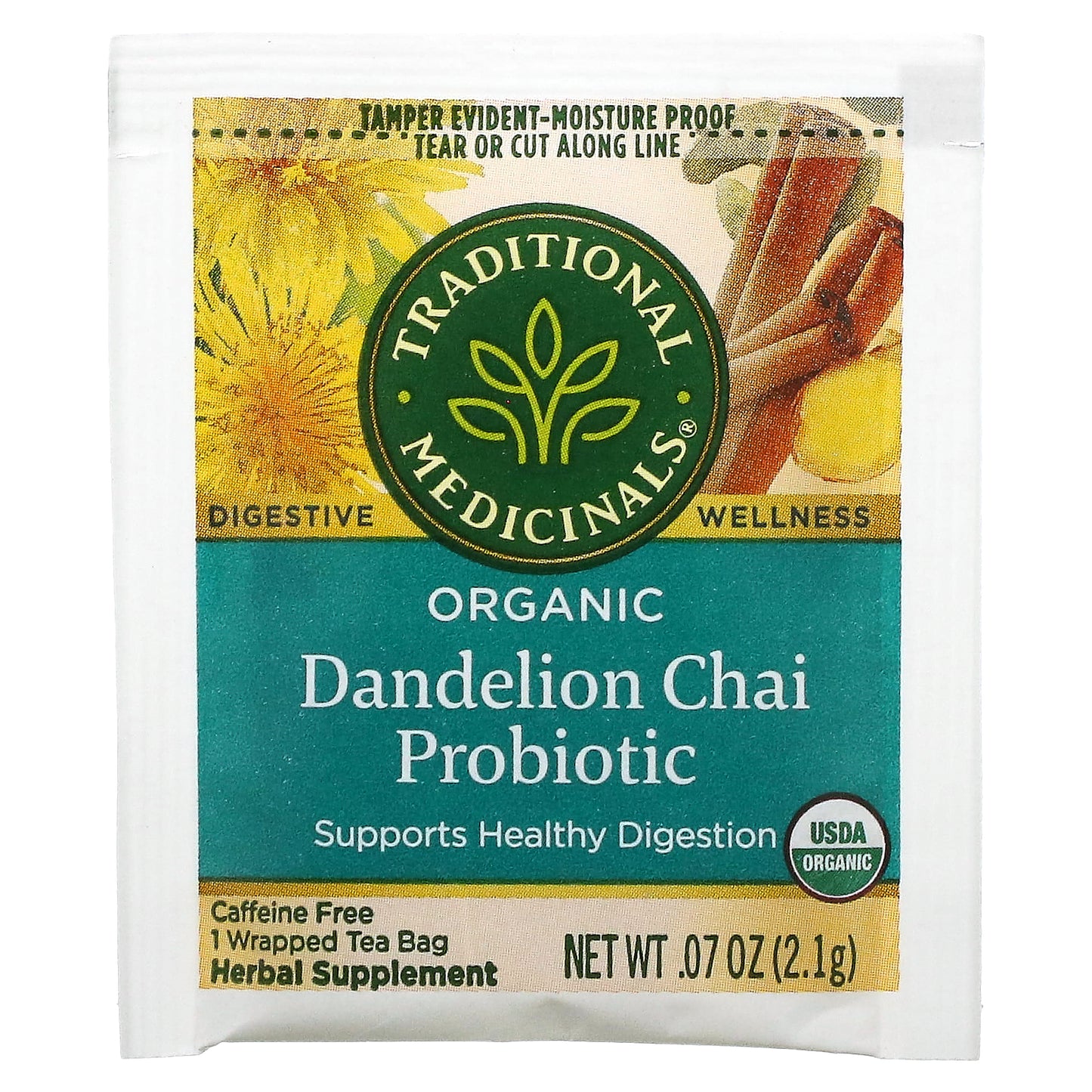 Traditional Medicinals, Organic Dandelion Chai Probiotic, Caffeine Free, 16 Wrapped Tea Bags, 1.19 oz (33.6 g)