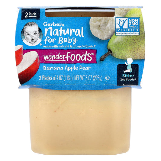 Gerber, Natural for Baby, Wonder Foods™, 2nd Foods®, Banana Apple Pear, 2 Pack, 4 oz (113 g) Each