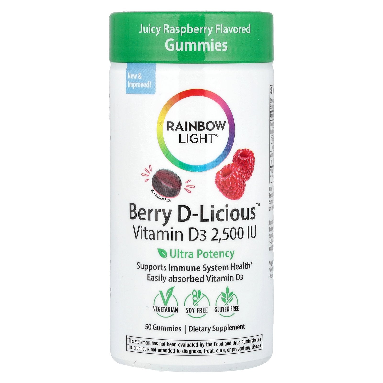 Rainbow Light, Berry D-Licious™, Vitamin D3, Juicy Raspberry, 62.5 mcg (2,500 IU), 50 Gummies