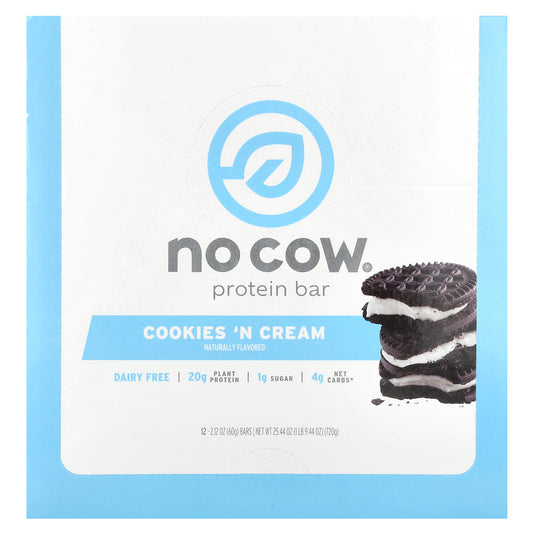 No Cow, Protein Bar, Cookies'N Cream, 12 Bars, 2.12 oz (60 g) Each