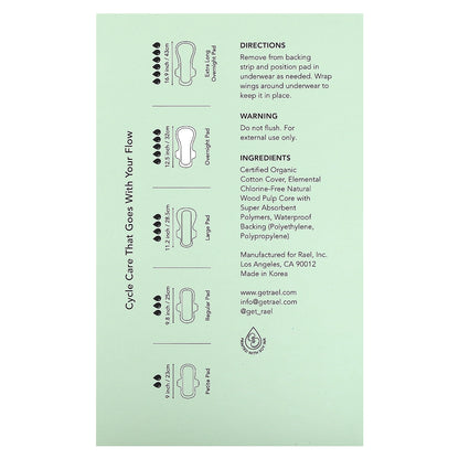 Rael, Organic Cotton Cover Pads with Leak Locker, Overnight , 12 Count