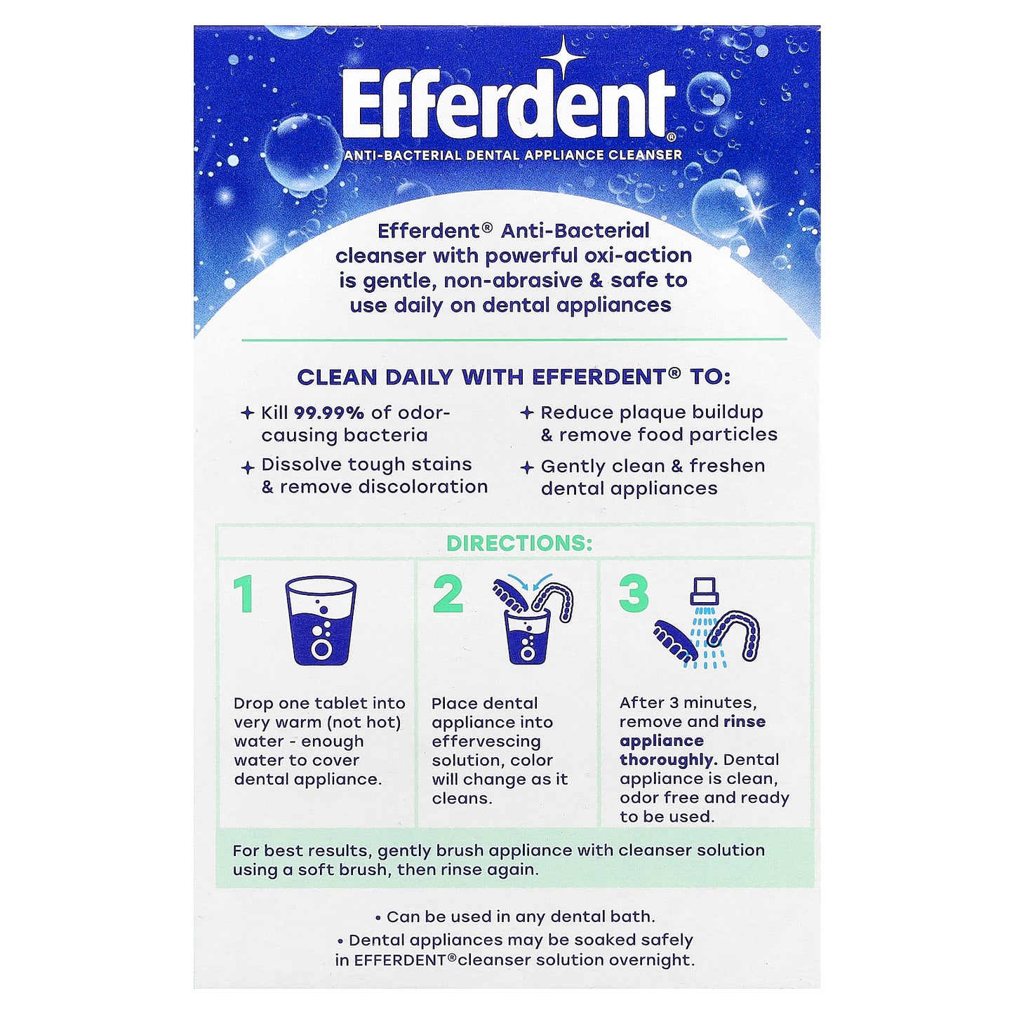 Efferdent, Anti-Bacterial Dental Appliance Cleanser, Minty Fresh & Clean, 90 Tablets