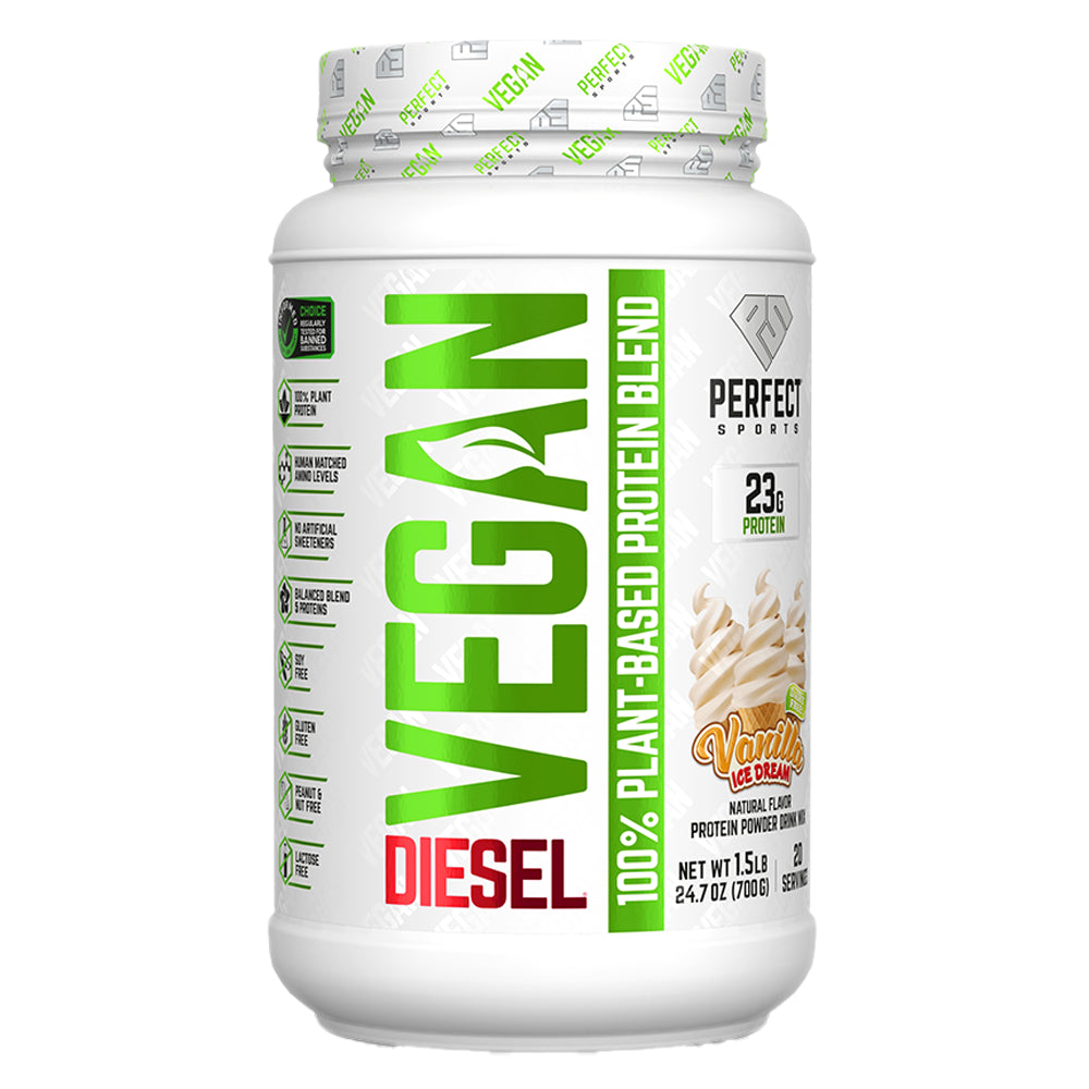 PERFECT Sports, Vegan Diesel, 100% Plant-Based Protein Blend, Vanilla Ice Cream, 1.5 lb (700 g)