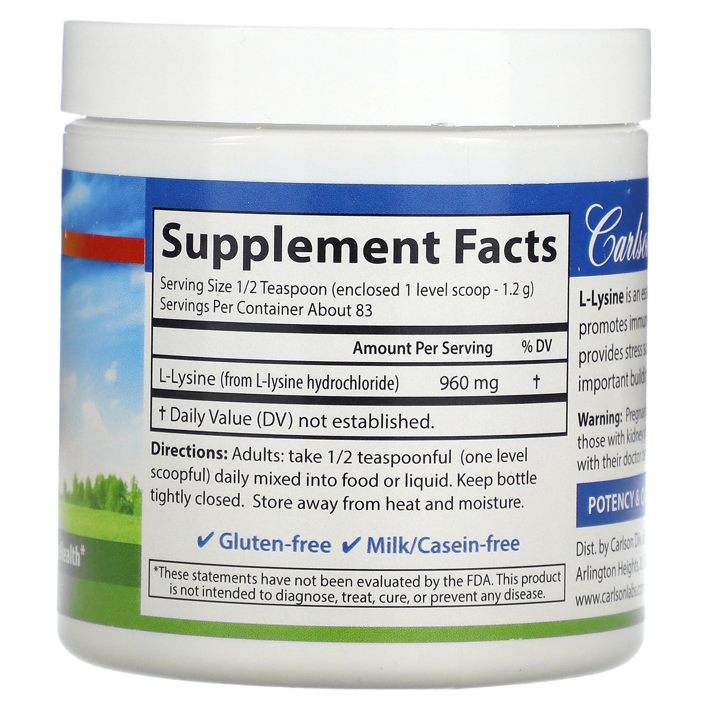 Carlson, L-Lysine Powder, 960 mg, 3.53 oz (100 g)