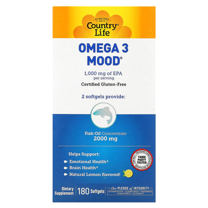 Country Life, Omega 3 Mood, Natural Lemon, 180 Softgels