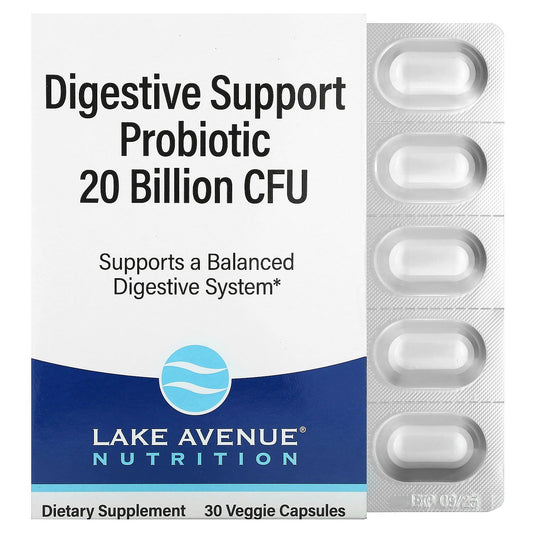 Lake Avenue Nutrition, Digestive Support Probiotic, Probiotic & Prebiotic Blend with Lactobacillus rhamnosus GG, 20 Billion CFUs, 30 Veggie Capsules
