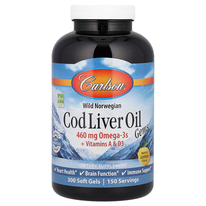 Carlson, Wild Norwegian, Cod Liver Oil Gems, Natural Lemon, 300 Soft Gels