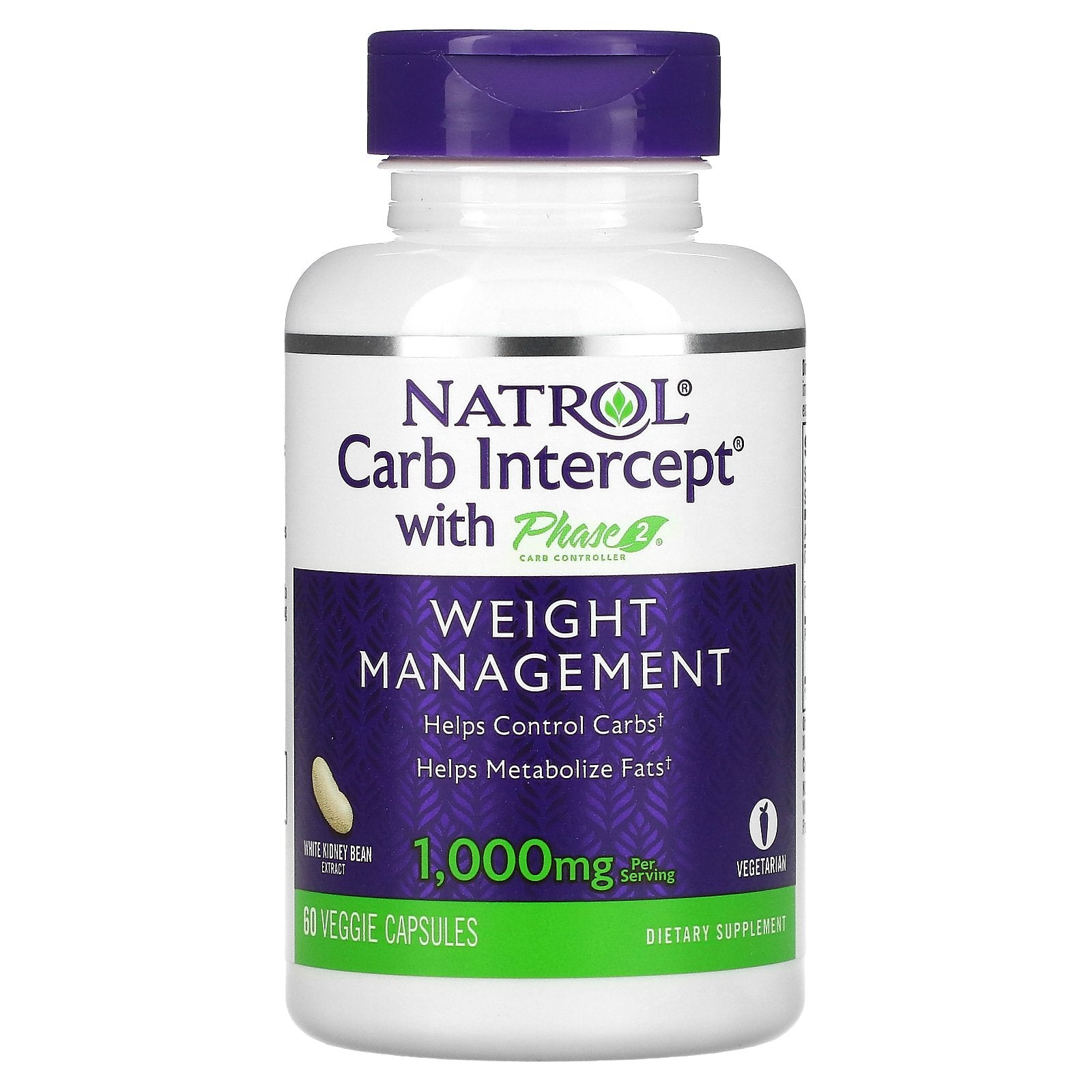 Natrol, Carb Intercept with Phase 2 Carb Controller, 1,000 mg, 60 Veggie Capsules (500 mg per Capsule)