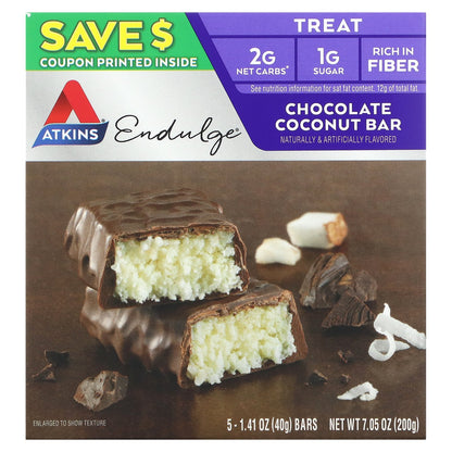 Atkins, Endulge, Chocolate Coconut Bar, 5 Bars, 1.41 oz (40 g) Each