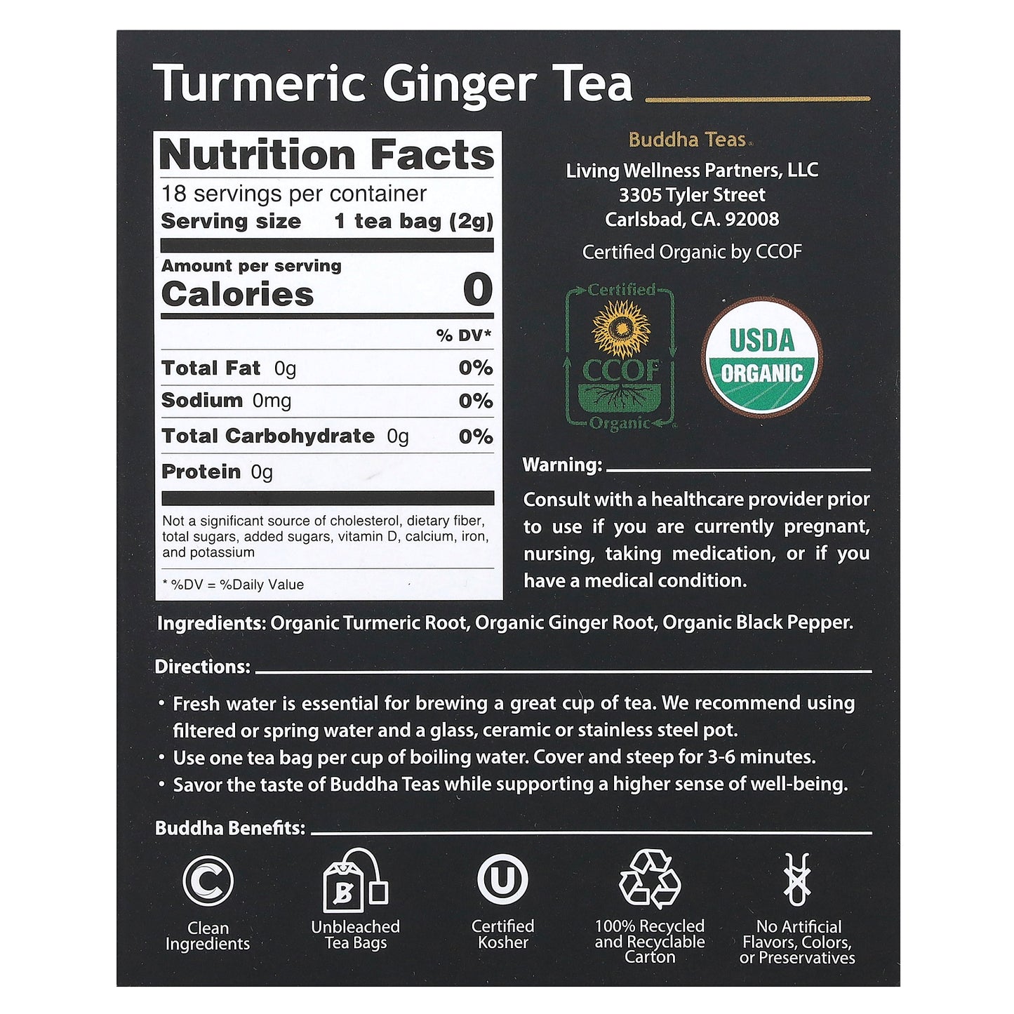 Buddha Teas, Organic Herbal Tea, Turmeric Ginger, Caffeine Free, 18 Tea Bags, 1.27 oz (36 g)